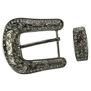 Vintage 2 Piece Large Western Belt Buckle Crystal Cowboy Silver Sparkle Boho